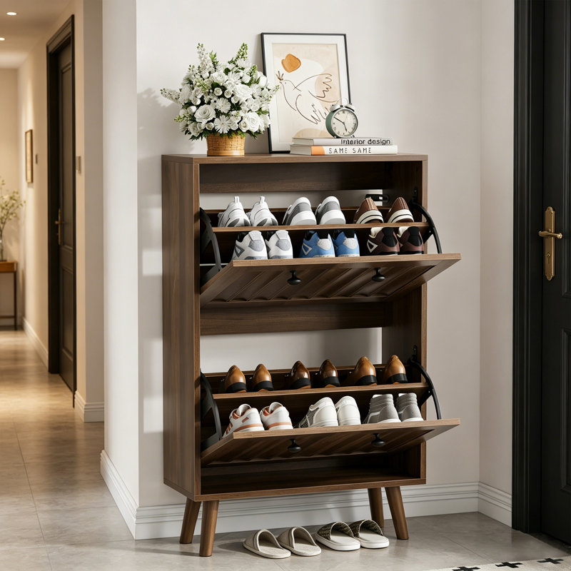 Armoire à chaussures 23,6 po avec tiroirs rabattables et pieds en bois massif, H 37,4 po x l 23,62 po x P 9,45 po
