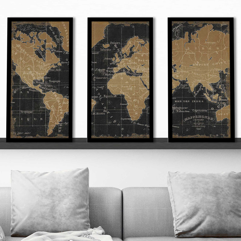 "Mappemonde Borderless Black Gold" par Pela Studio, reproduction de 3 pièces sur acrylique, H 25,5 po x l 40,5 po x P 1 po