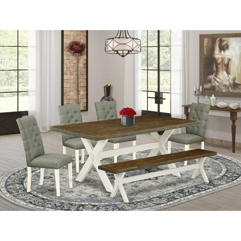 6 Piece Kitchen Table & Chairs Set Contains a Rectangle Wooden Table and 4 Gray Linen Fabric Parson Chairs with a Bench, linen white