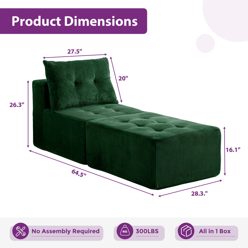 Canapé modulaire avec méridienne, Velours côtelé vert