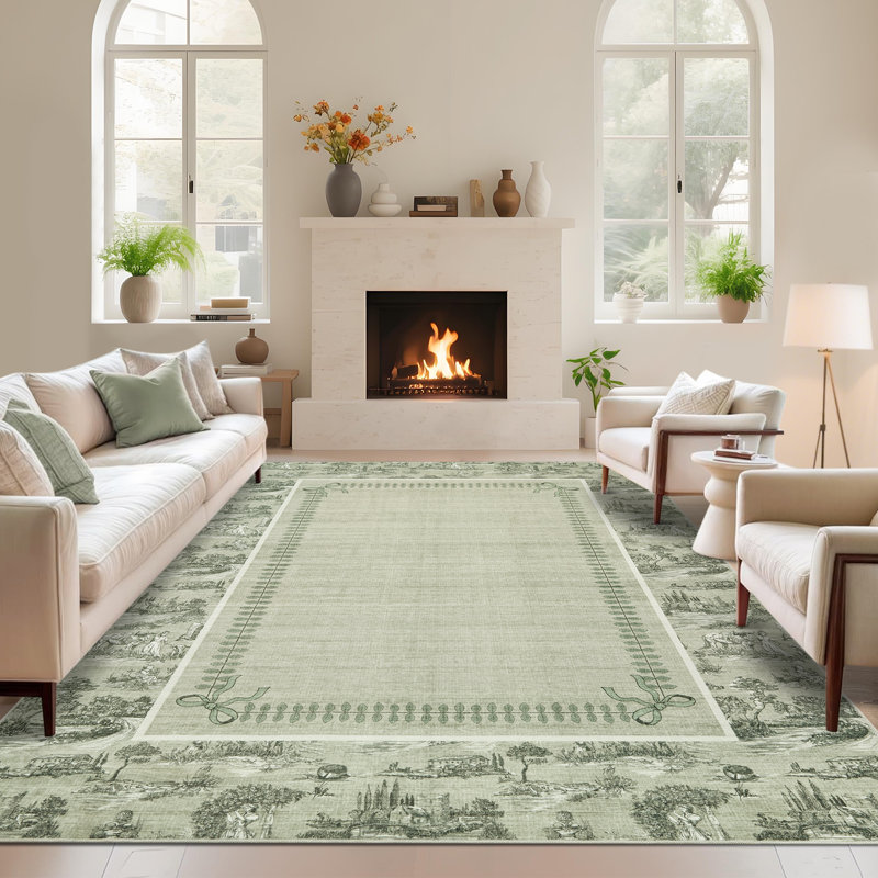 Tapis Toile de Jouy lavable à la machine – Tapis à motif champêtre français, ultra doux, antidérapant et ne peluche pas