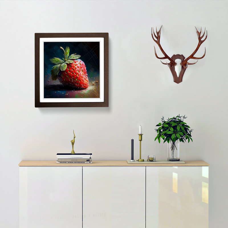 Strawberry Palette Knife Painting - Single Picture Frame Print on Wood, Walnut