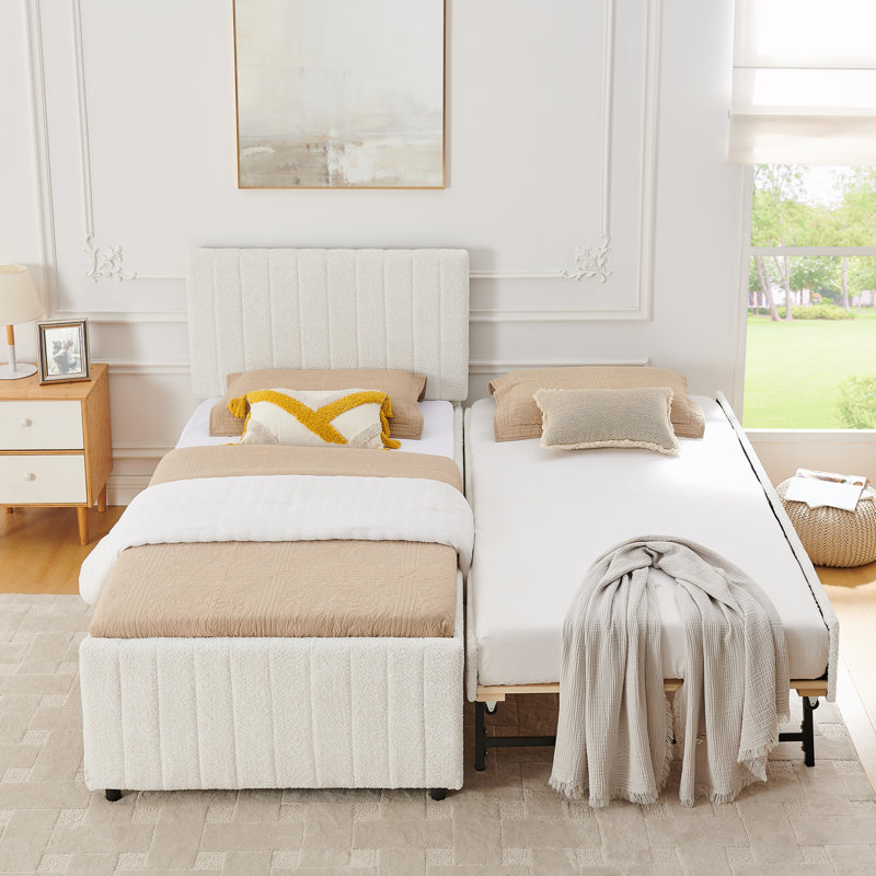 Lit simple tapissier avec lit gigogne escamotable, Beige, Twin