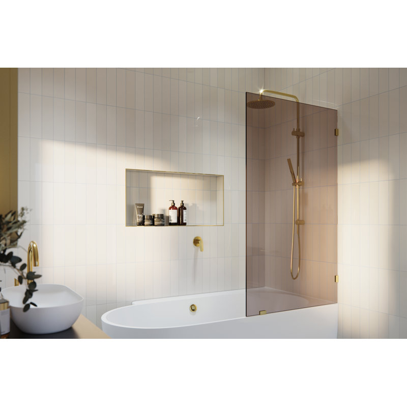Ursa 34 in. x 58.25 in. Frameless Bronze Tinted Single Fixed Bath Panel, Polished Brass