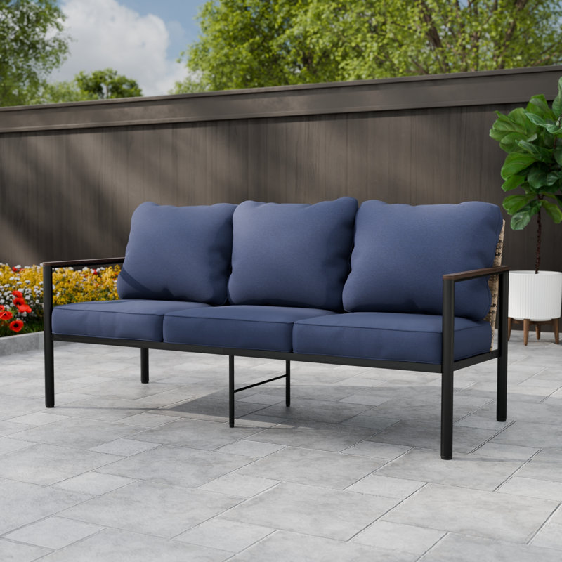 Outdoor Light Brown Wicker 3-Seat Sofa in Steel Frame with Cushions, Blue