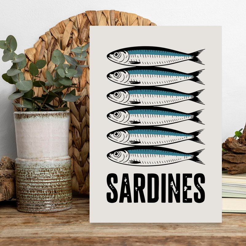 Art mural de poisson rétro empilé bleu sardines, H 18 po x l 12 po