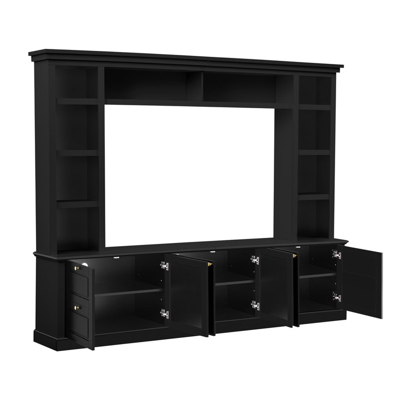 One-Piece Wall Unit Entertainment Center With Bookshelf For Tvs Up To 70", Black
