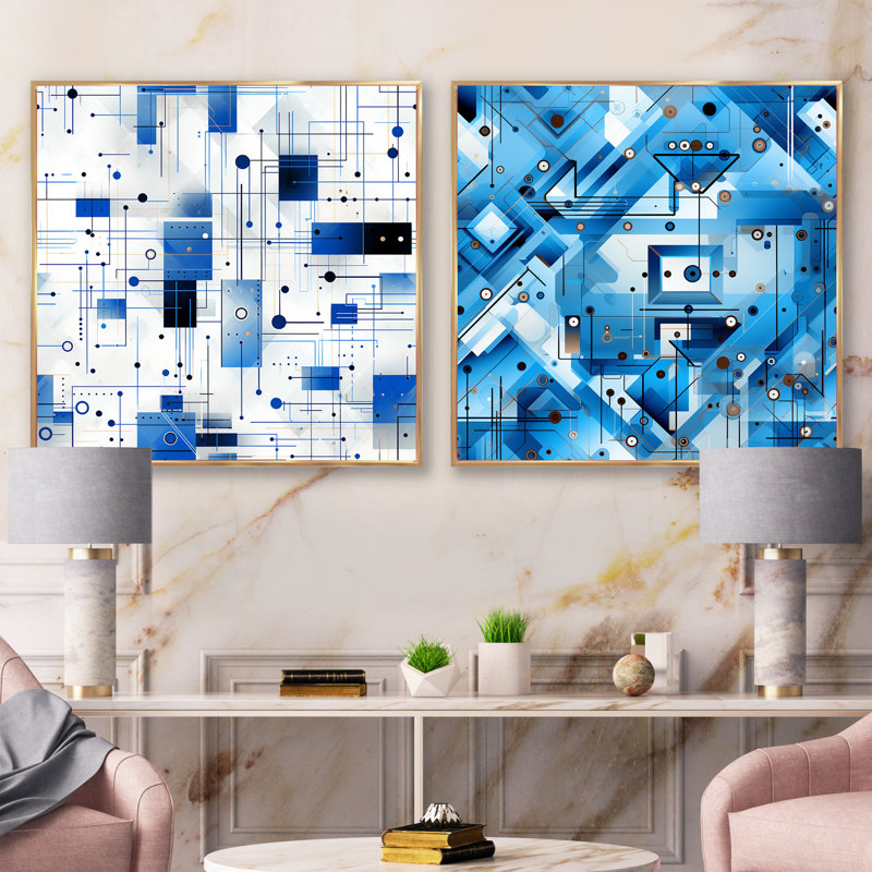 Daanya - Ensemble de 2 collages carrés à formes abstraites, H 16 po x l 33 po, Cadre flottant doré