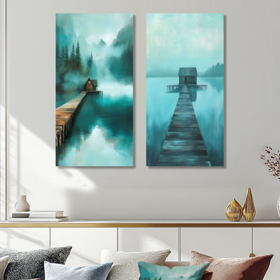 Cabane sur une jetée en bois au bord du lac - reproduction murale en métal 2 pièces Lakehouse