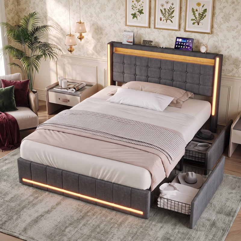 Platform Bed With Drawers Bed, 150*200cm, Grey