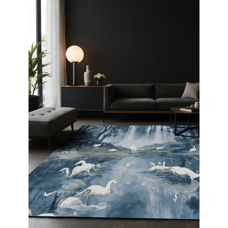 Tapis bleu soyeux et moelleux, Rectangle 7 pi x 10 pi