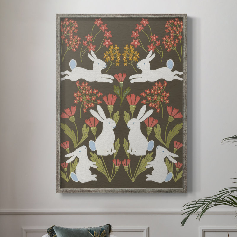 «Folk Flower and Rabbit II», reproduction encadrée - bois massif, H 11 po x l 9 po