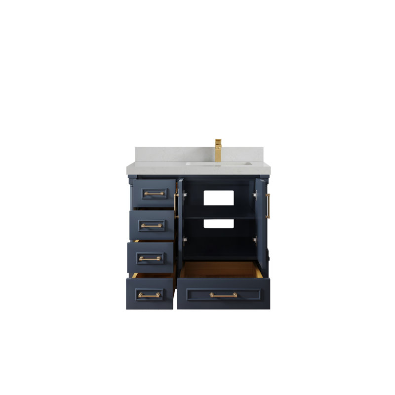 Hudson 36" Navy Blue Solid Wood Freestanding Vanity with White Quartz Top