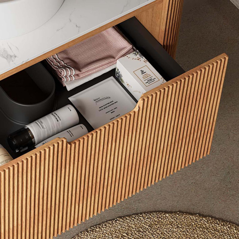 Bathroom Vanity With Sink, Modern Wall-Mounted Floating Curved Edges Striped Bathroom Storage Cabinet With A Drawer,Round Ceramic Basin Without Faucet, Pre-Assembled