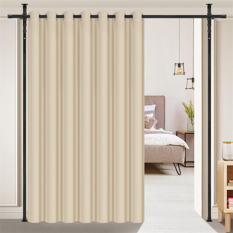 Beige Blackout Room Divider Curtain and Rod Set