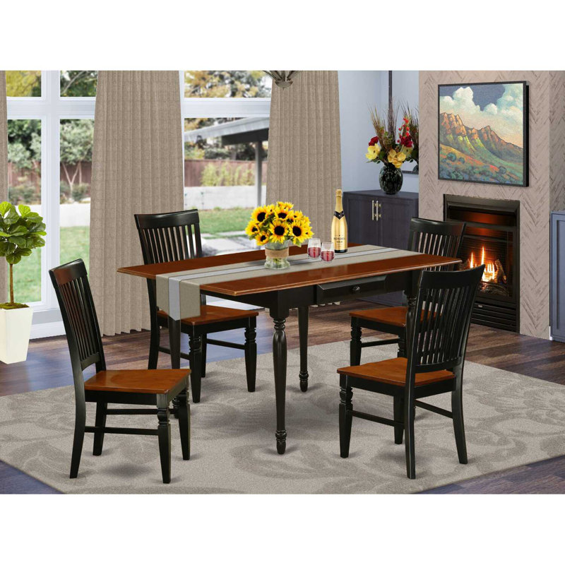 5 Piece Dining Set Includes a Rectangle Dining Table with Dropleaf and 4 Kitchen Chairs, Black & Cherry, Mahogany, Black