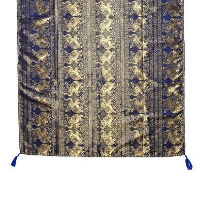 Thai Golden Elephant Print Blue Rectangle Silk Table Cloth