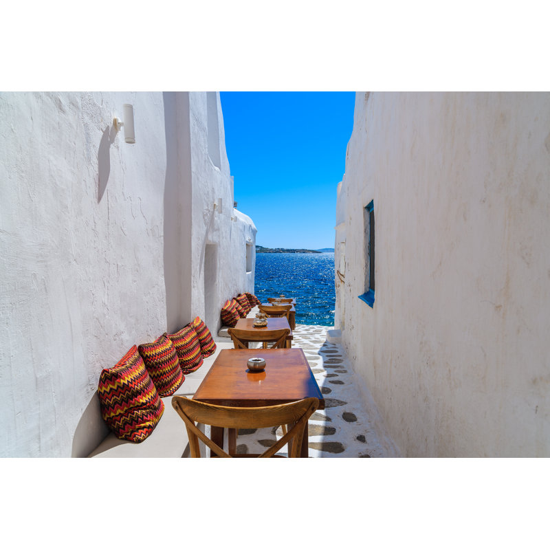 Benches With Pillows In A Typical Greek Bar In Mykonos by Pkazmierczak - Wrapped Canvas Print, 61cm H x 91cm W
