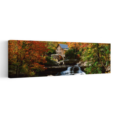 Panoramic Of Glade Creek Grist Mil And Autumn Reflections And Waterfall In Babcock State Park, Wv Rustic Abstract Contemporary Autumn Mountain Wall...