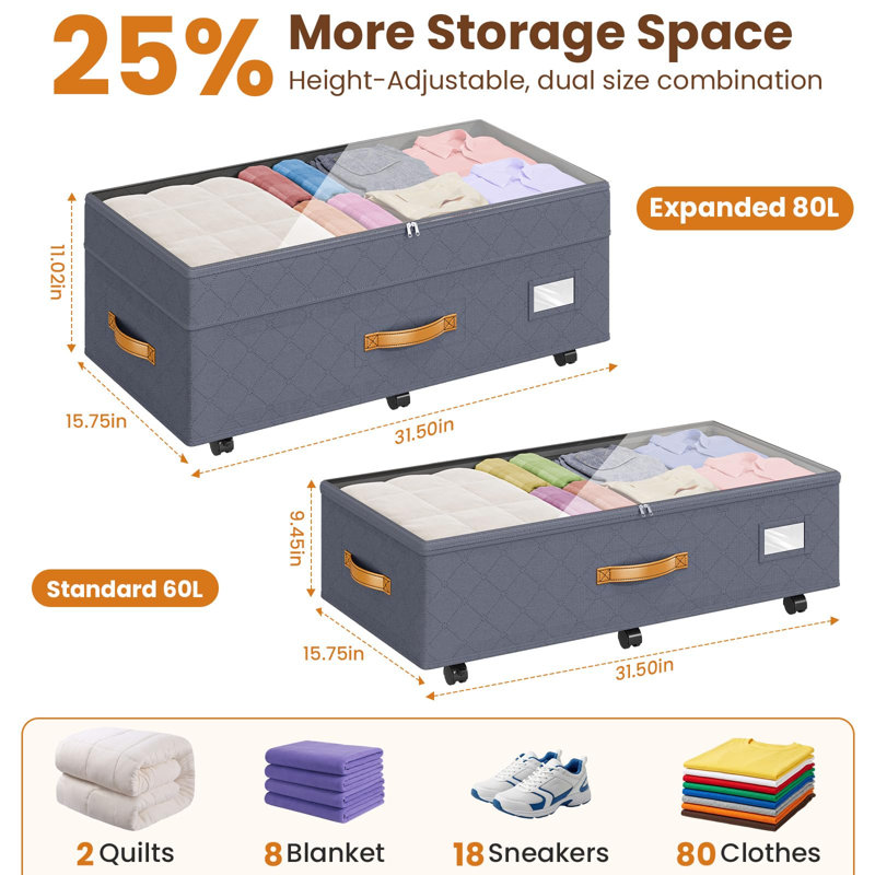 Contenants de rangement réglables sous le lit de 80 L avec roulettes, organisateur de rangement pour chaussures à roulettes avec couvercles transparents et étiquette (gris / paquet de 2)
