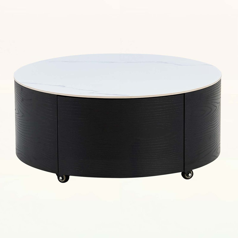 Table basse élégante à conception ronde avec roulettes, parfaite pour les petits espaces