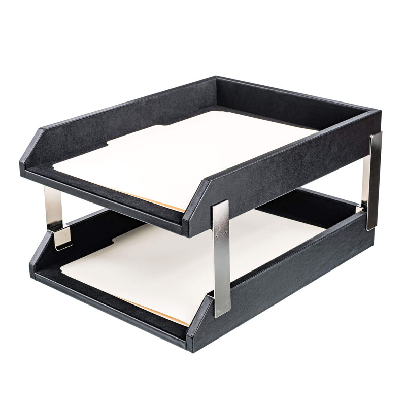 Plateau à double lettre en cuir avec poteaux, H 7,25 po x l 10,63 po x P 13,75 po, Argent