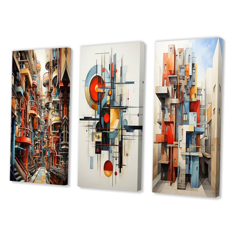 «Constructivism Industrial Utopia Imaginaire», 3 pièces sur toile, Toile tendue, H 28 po x l 36 po