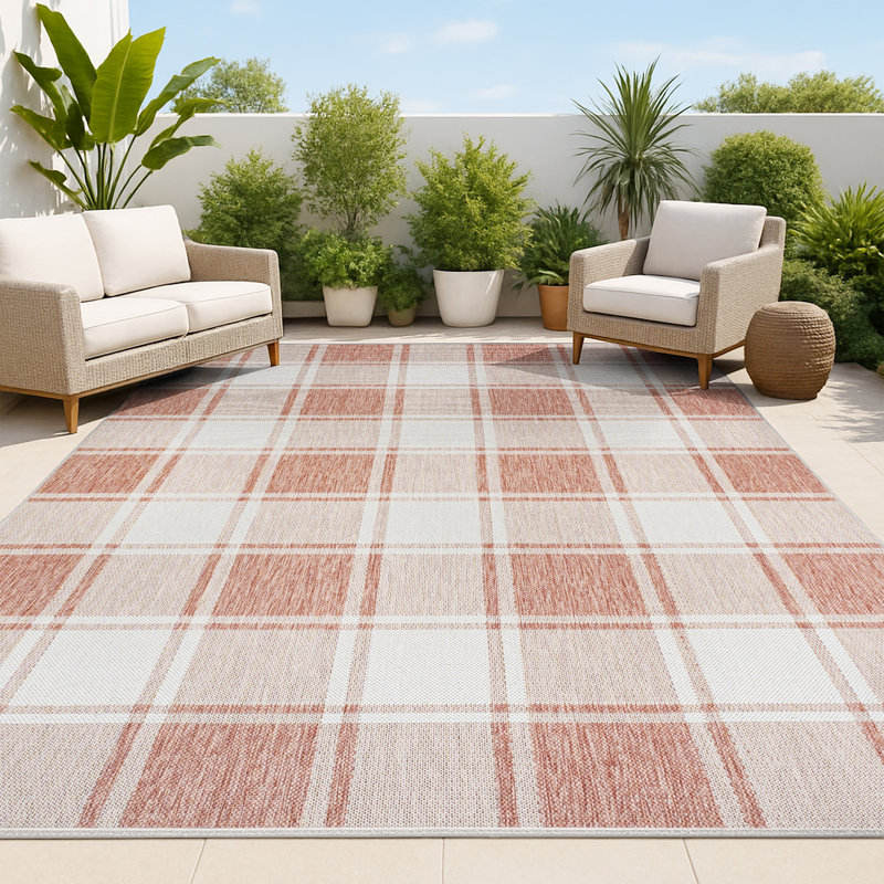 Sabine Traditional Farmhouse Bold Gingham Salmon/Cream Indoor/Outdoor Rug, Rectangle 5'3" x 7'7"