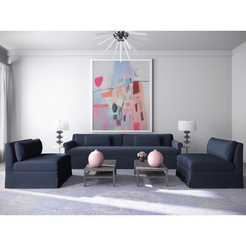 Ludlow Rolled-Arm Skirted Sofa, Box Weave Linen Blue Print, 34" H x 84" W x 38" D, Weathered