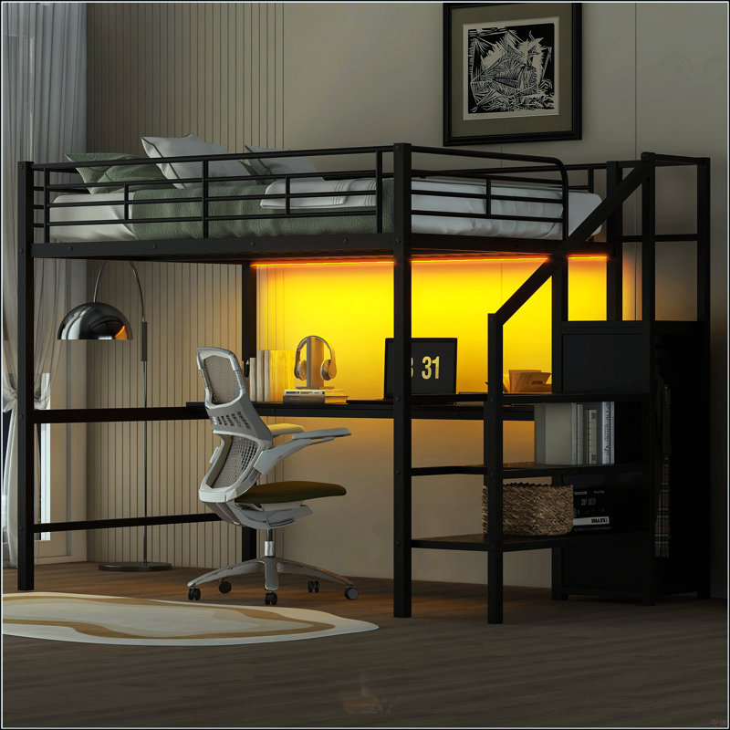 Lit mezzanine double en métal avec bureau