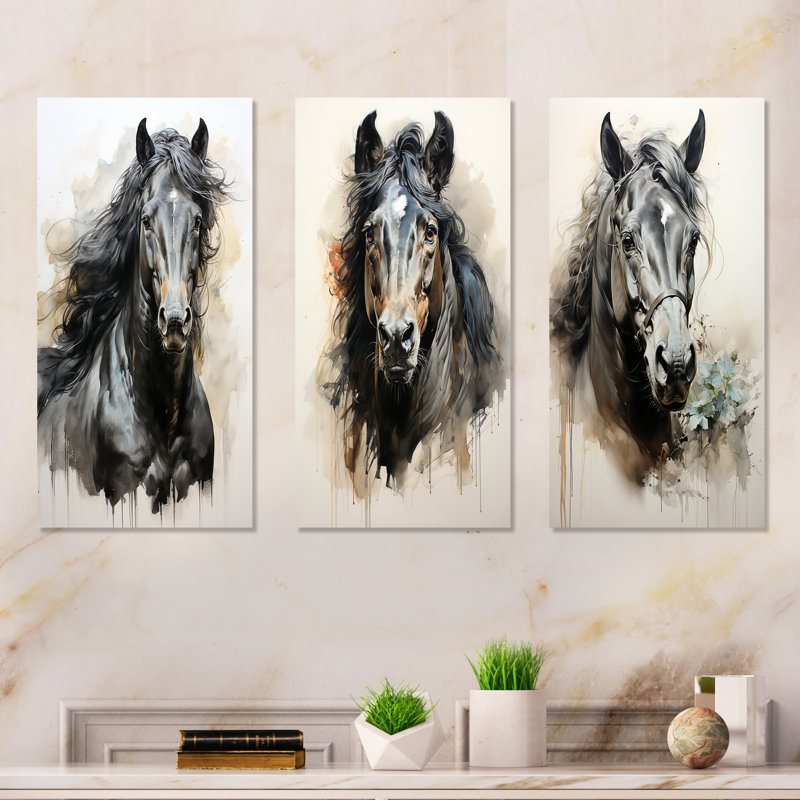 Minimalist Black Horse Beauty I - Horse Metal Wall Art Living Room Set Of 3, 32" H x 48" W