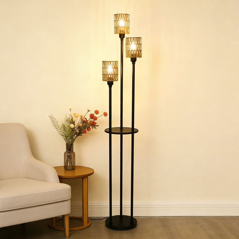 Lampe sur pied en rotin à 3 lumières à intensité variable avec tablettes, lampe sur pied Farmhouse avec interrupteur au pied à 3 voies, lampe sur pied rustique Boho pour le salon et la chambre à coucher