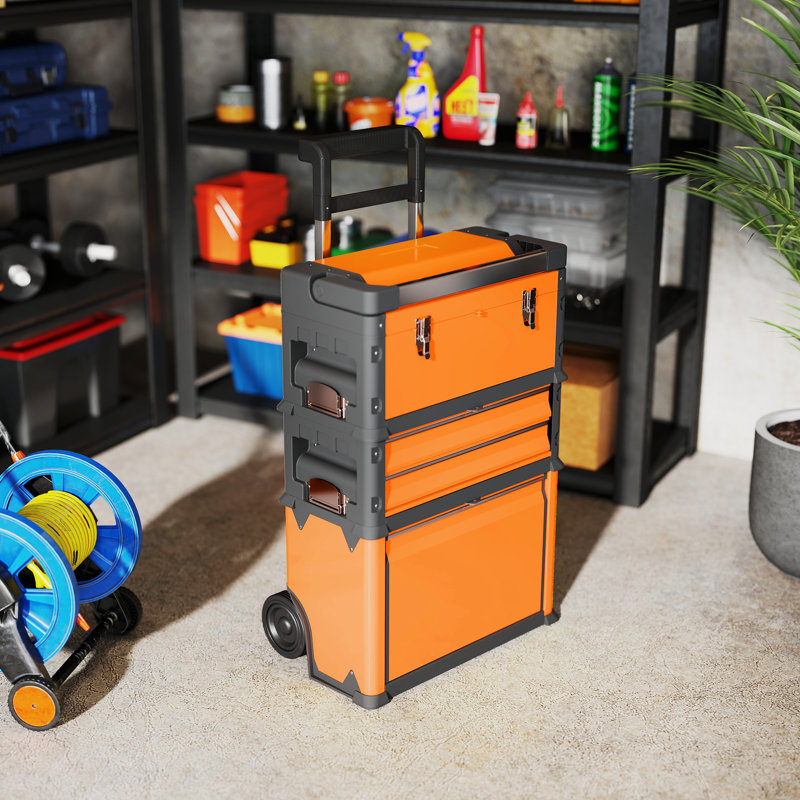 HOMCOM 3-Tier Tool Box with Wheels, Stackable Steel Toolbox, Orange