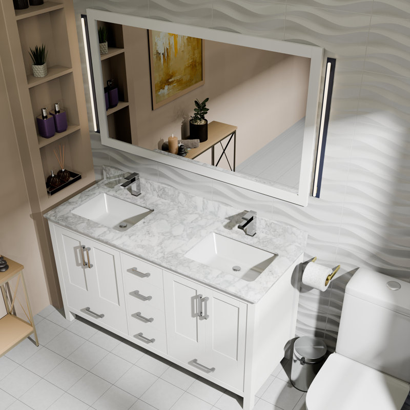 Jacques 60 in. W x 22 in. D Double Bath Vanity, Faucet Set and 58 in. Mirror, White, White Carrara Marble