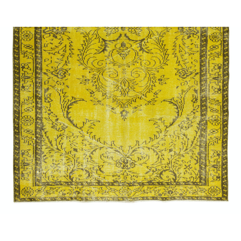 Tapis jaune surteint à motif de médaillon 5,4 x 9 pi, tapis turc moderne fabriqué à la main