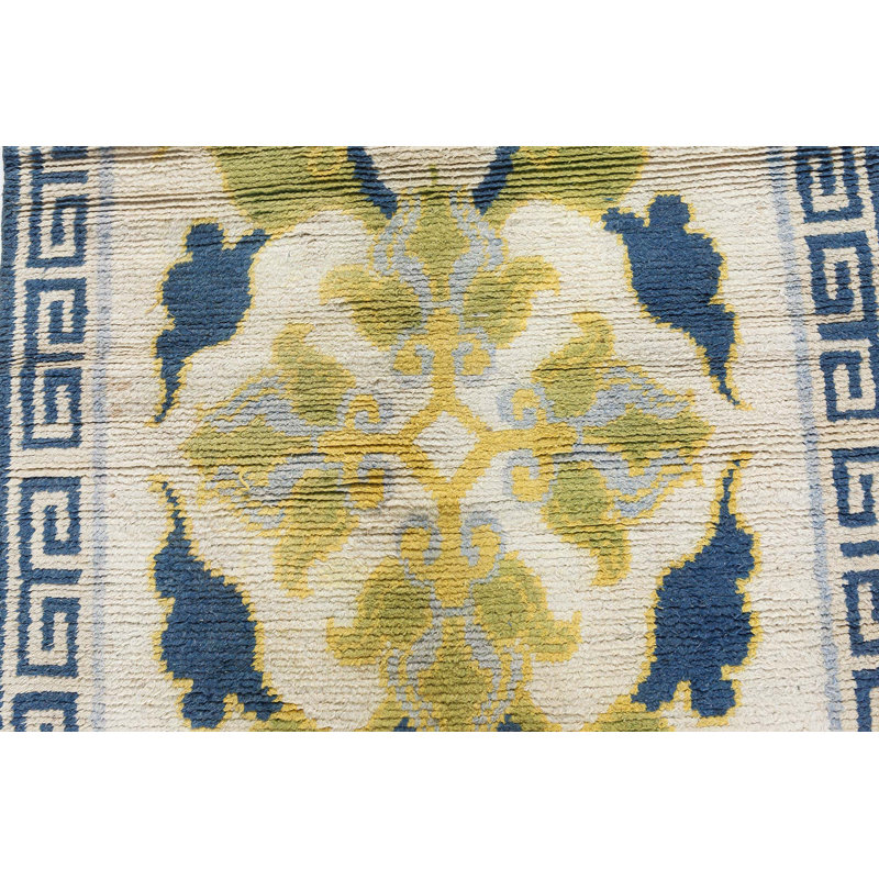 Tapis japonais beige / vert en laine tissé à la main 3 pi x 6 pi 1 po Mid-20Th Century