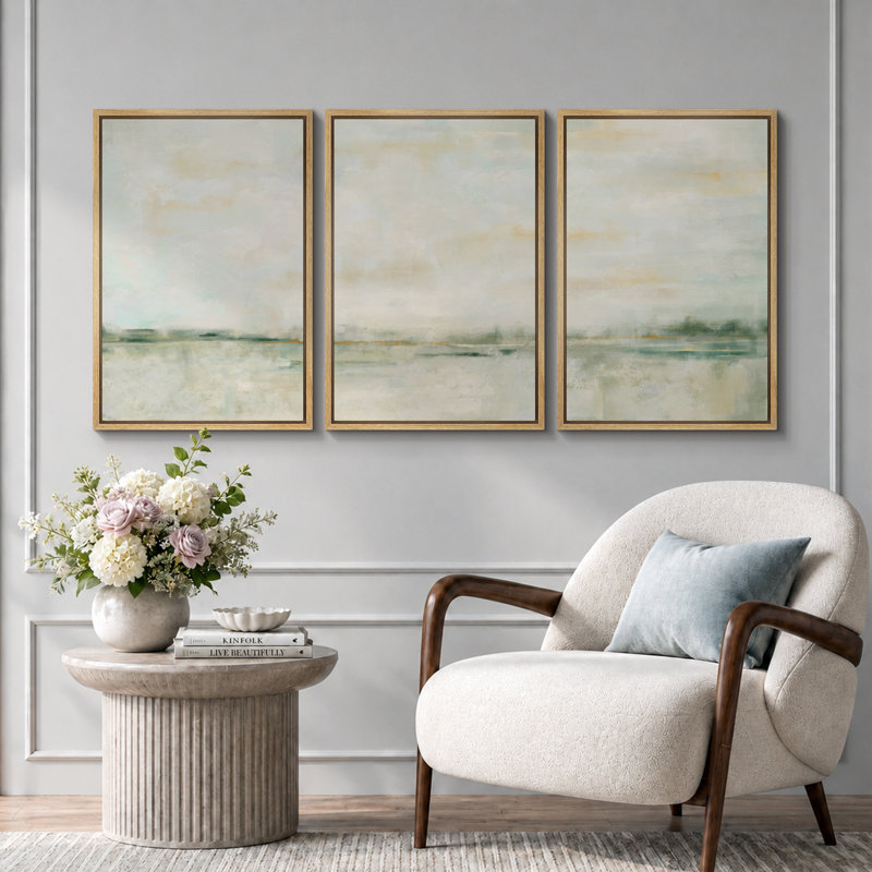 "Minimal Landscape", pastel vert et jaune, art mural abstrait illusion minimaliste, 3 pièces, impression sur toile encadrée, "16" x 24 "x 3 pièces, 24" x 36 "x 3 pièces
