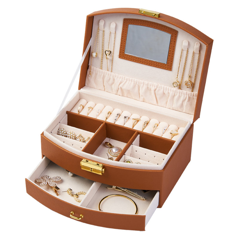 Boîte de rangement pour bijoux à 2 couches avec miroir