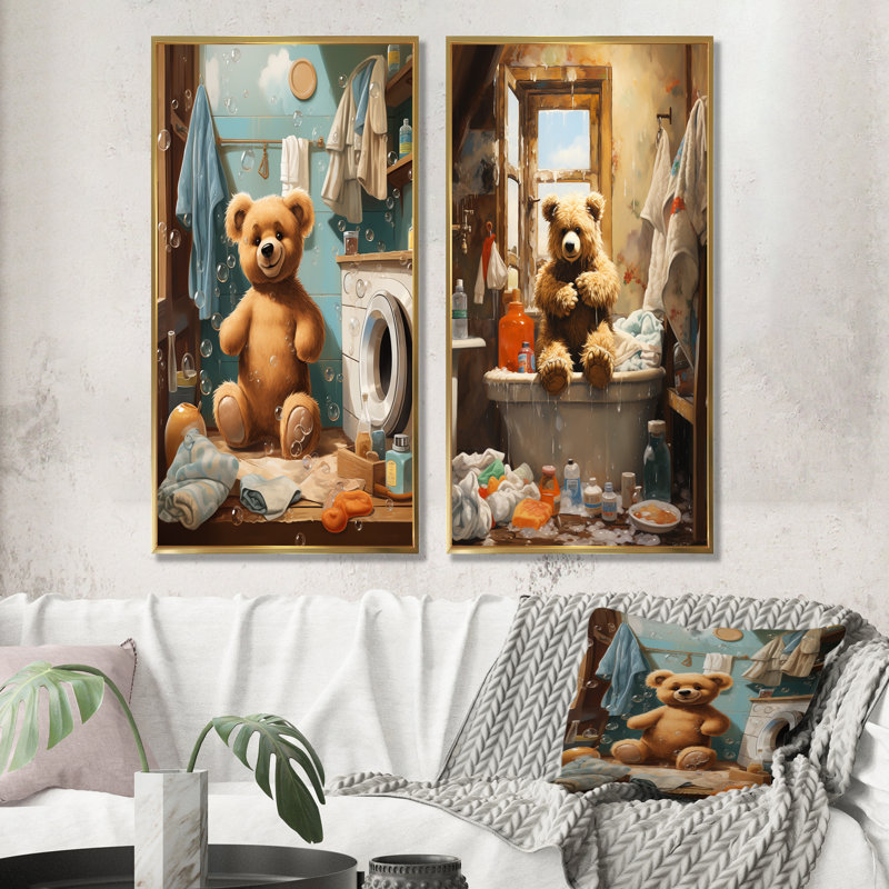 Ensemble de 2 ours Bear Laundryroom Bubbles IV - Laundry Wall Art, Cadre flottant doré, H 40 po x l 41 po