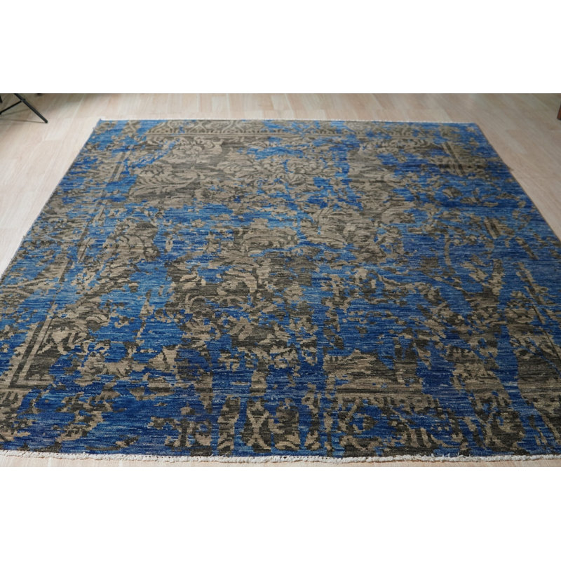 Tapis floral bleu en laine et en bambou noué à la main 8 pi x 10 pi