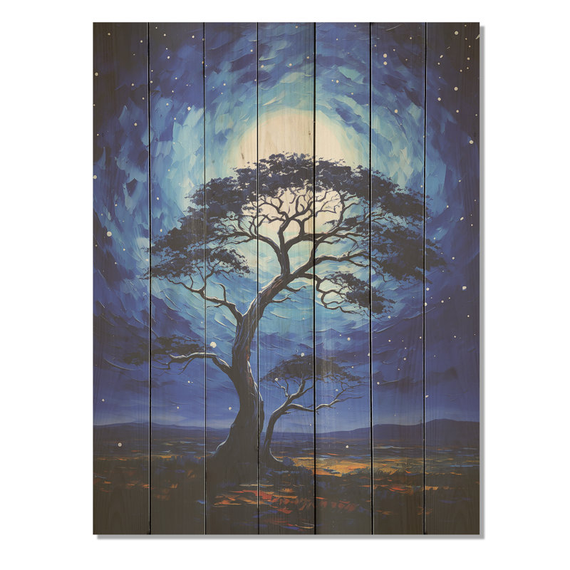 Blue Serengeti Tree IV - Arbre africain sur bois, H 20 po x l 10 po