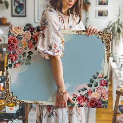 Toile dans le coin supérieur gauche, "Arrangement floral luxuriant", art mural avec des roses multicolores vibrantes en pêche rose tendre et pour art mural sur toile