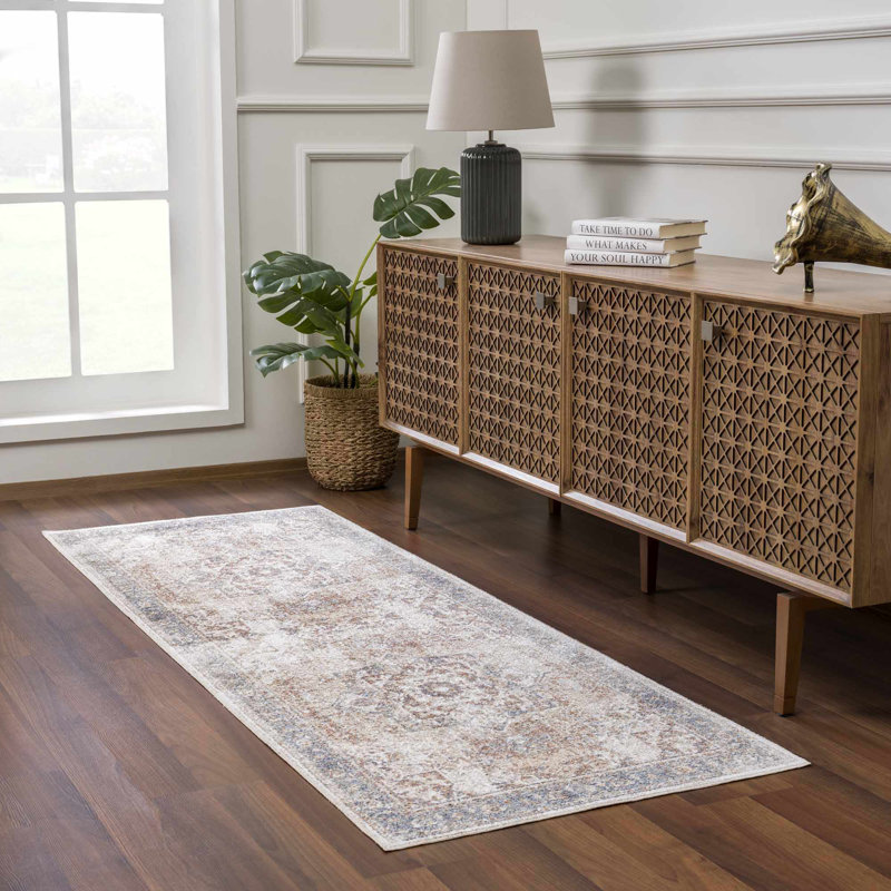 Medallion Design Performance Beige/Brown/Blue Machine Washable Area Rug, Runner 2'7" x 7'3"
