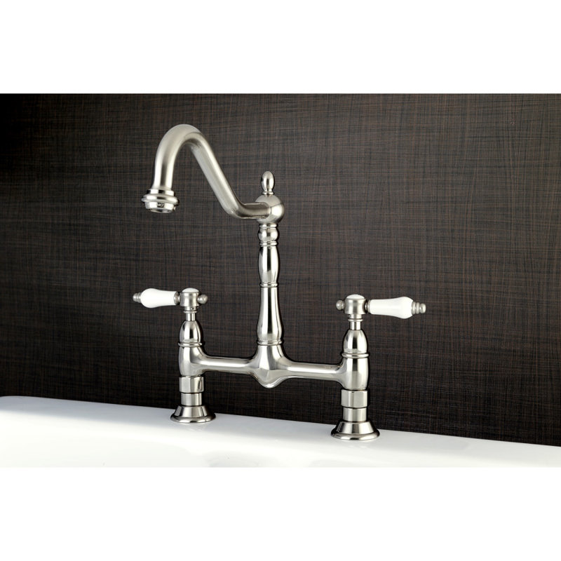 Kingston Brass Bel-Air Two-Handle 2-Hole Deck Mount Bridge Kitchen Faucet, Brushed Nickel