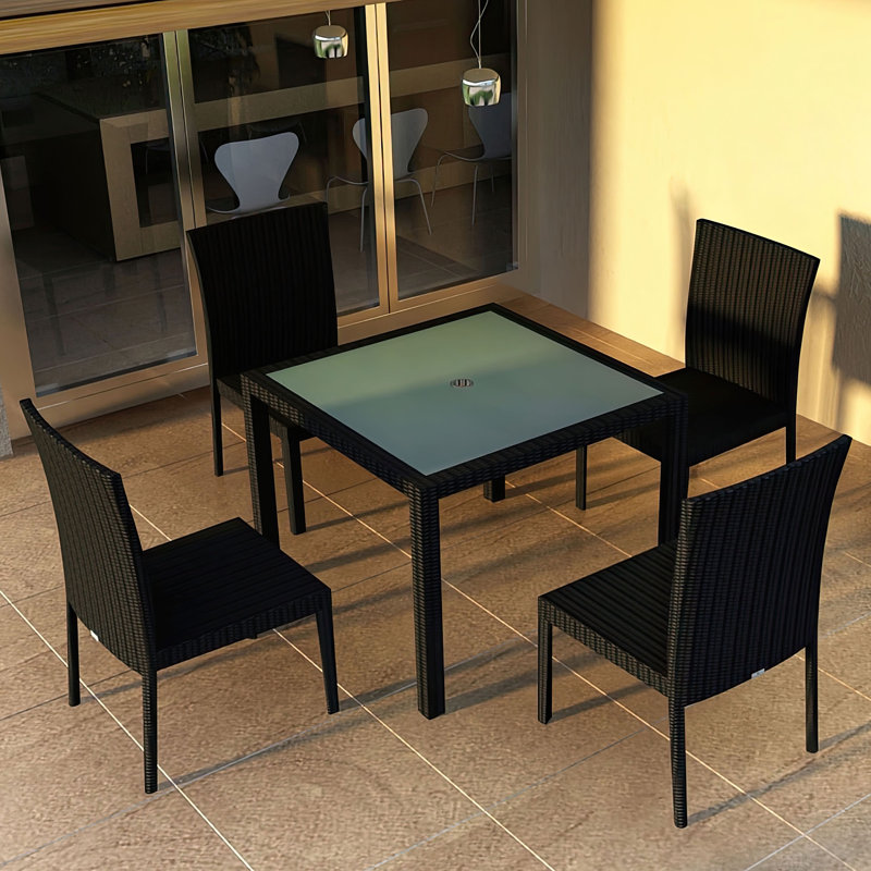 Kaneb Wicker Patio Dining Set with Square Table , Cushions Included, 29.5" H x 39.25" W x 39.25" L, Coffee Bean