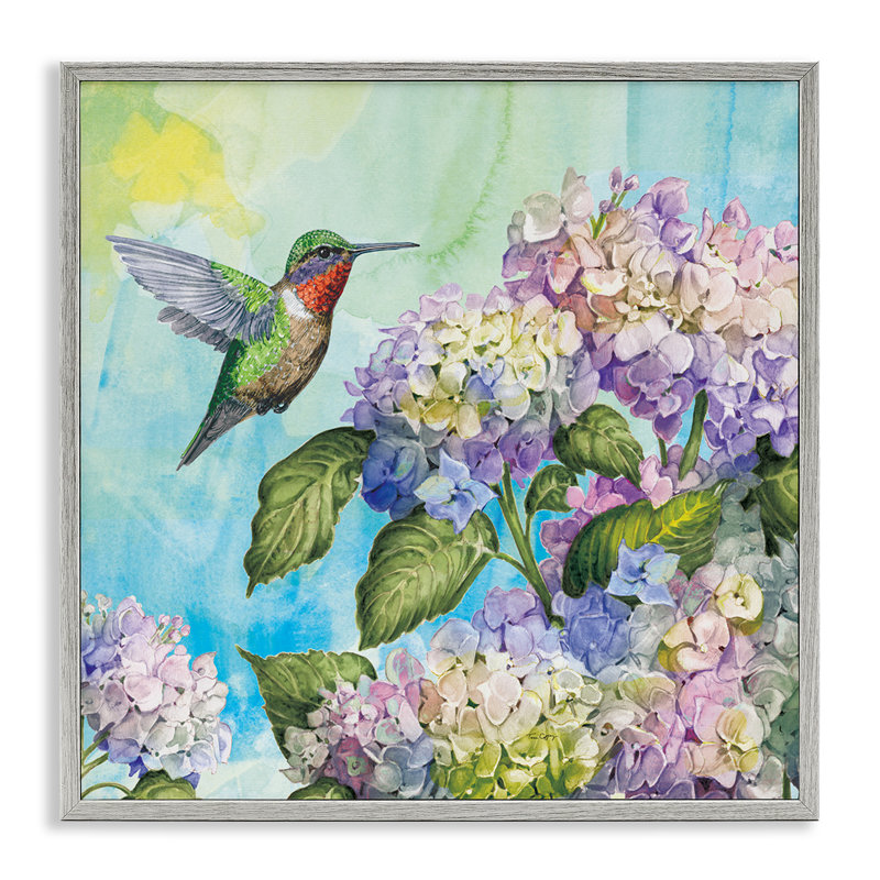 Colibri et hortensias, giclée encadrée, design par Tim Coffey, H 17 po x l 17 po, Estampe numérique Farmhouse