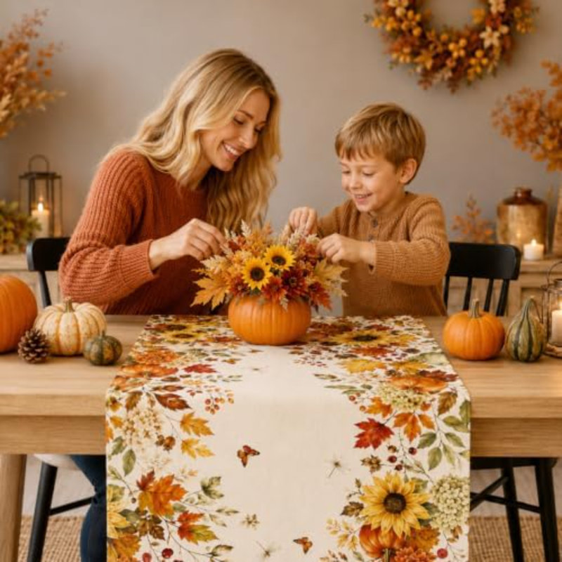 Fall Table Runner 13×90 in with Fall Decor Pumpkin, Sunflower&Leaf, 90" L