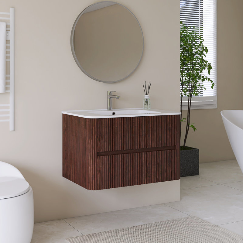 Meuble-lavabo mural simple 30 po en noyer foncé avec plateau en céramique intégré blanc, 30"