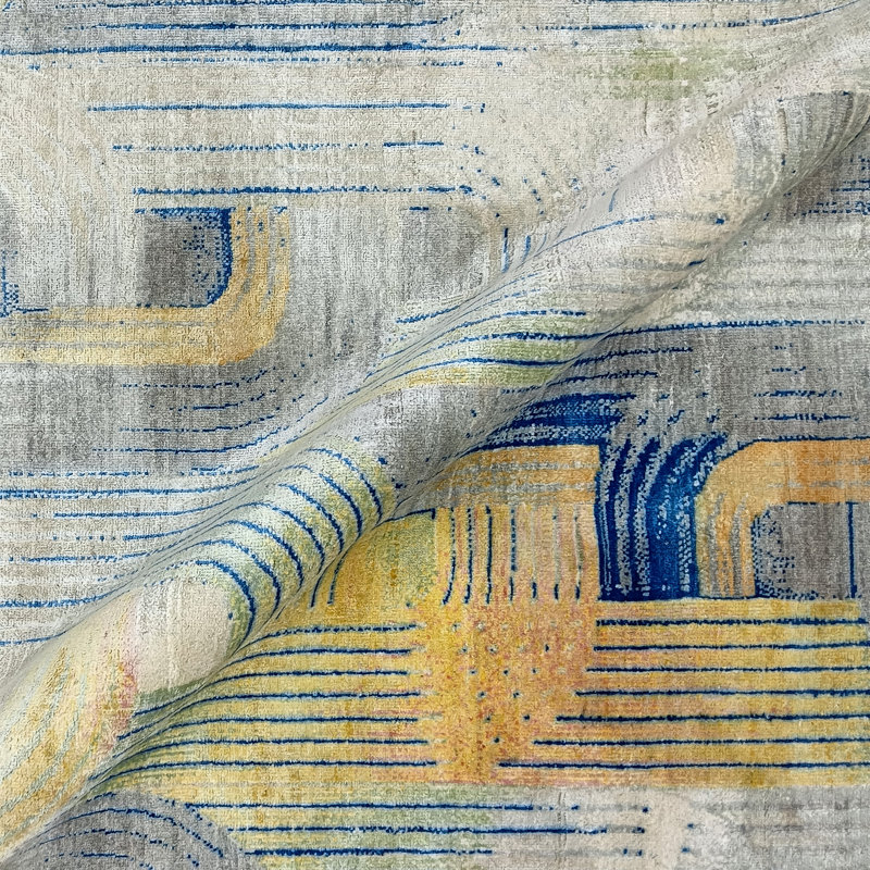 Hand Knotted Geometric Area Rug in Blue/Yellow/Gray, Rectangle 5' x 8'