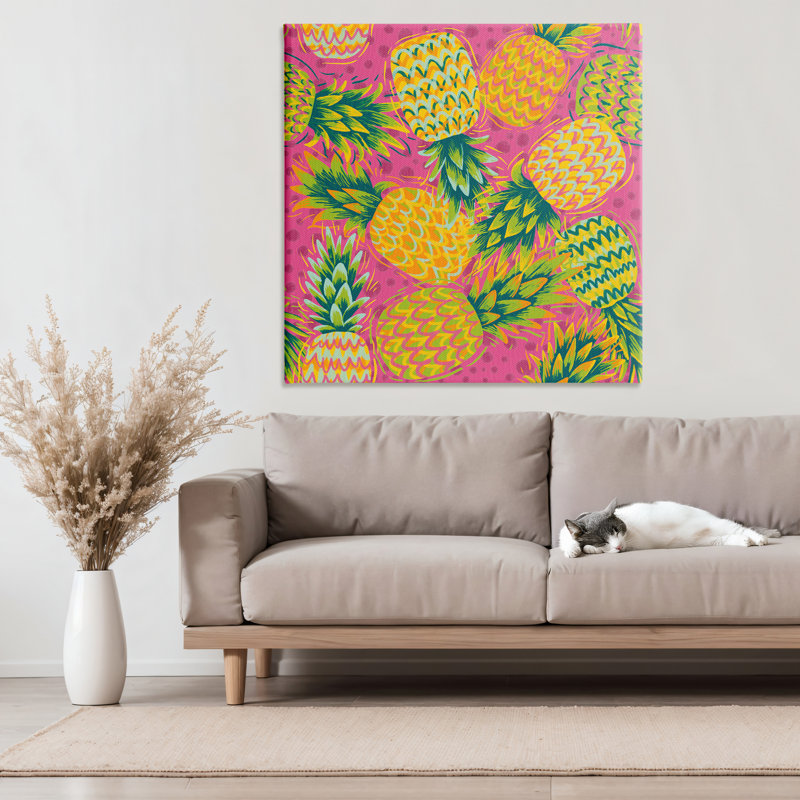 Ananas tropical sur toile à pois mauves, design par Jilly Jack Designs, H 36 po x l 36 po